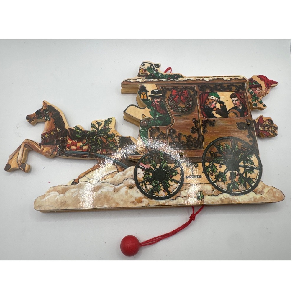 Victorian Christmas Stagecoach Wooden 3D Layered Ornament Horse Carriage Snow